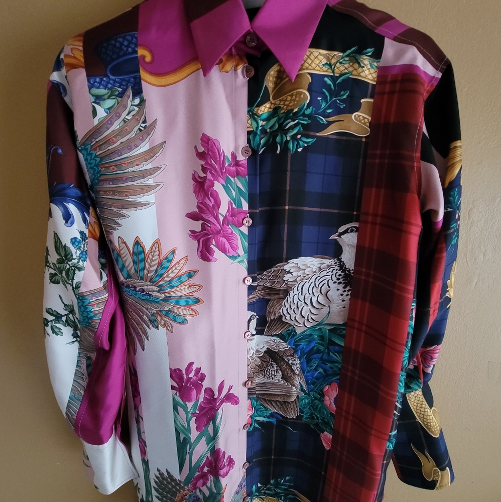 Salvatore Ferragamo 38 IT 4 US 2 Floral Pink Multi Color Silk Dress Shirt Bird
